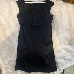 dressbarn Black Pleated Neck Cap-Sleeve Mini Dress
